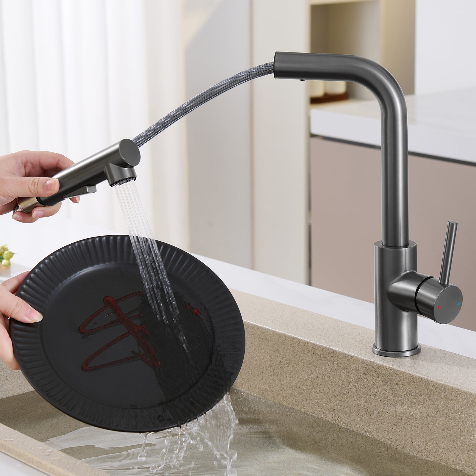 Robinet Cuisine avec Douchette Brossé gris anthracite, Mitigeur de Cuisine avec 2 Modes de Pulvérisation, Robinet d'évier Eau Froide/Chaude - 2