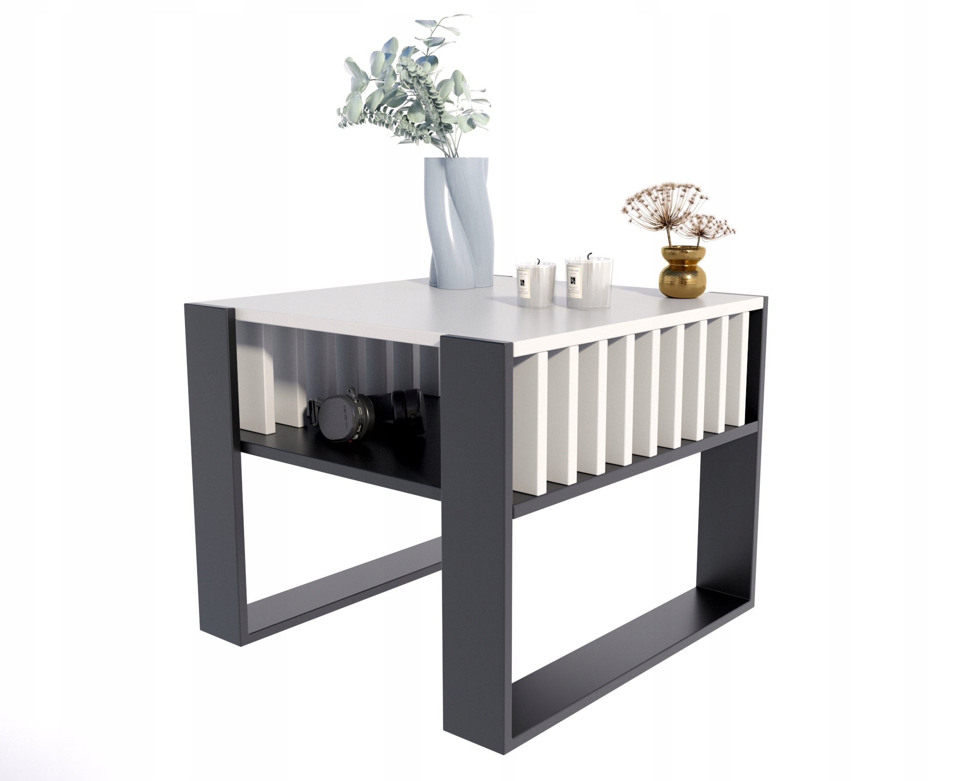 Ława stolik kawowy IGA KWADRAT biały-czarny z lamelami loft rustykalny