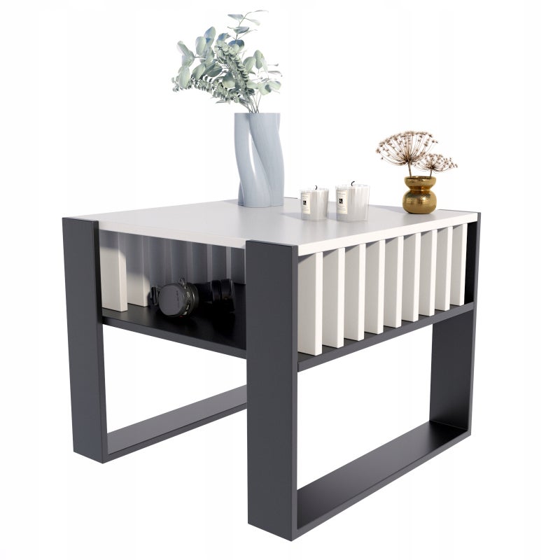 Ława stolik kawowy IGA KWADRAT biały-czarny z lamelami loft rustykalny