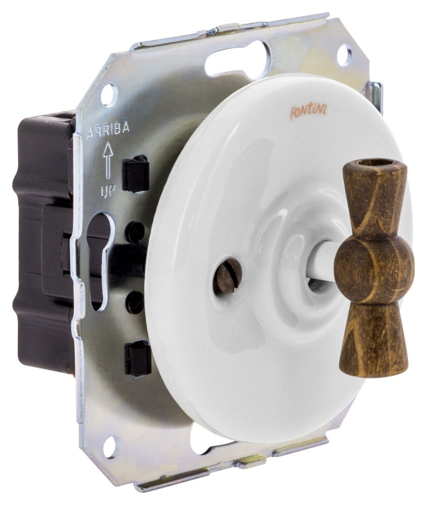 Interrupteur double va-et-vient Fontini Garby Colonial, porcelaine blanche, manette bois hêtre, 10 A 250 V, garantie 3 ans - 4