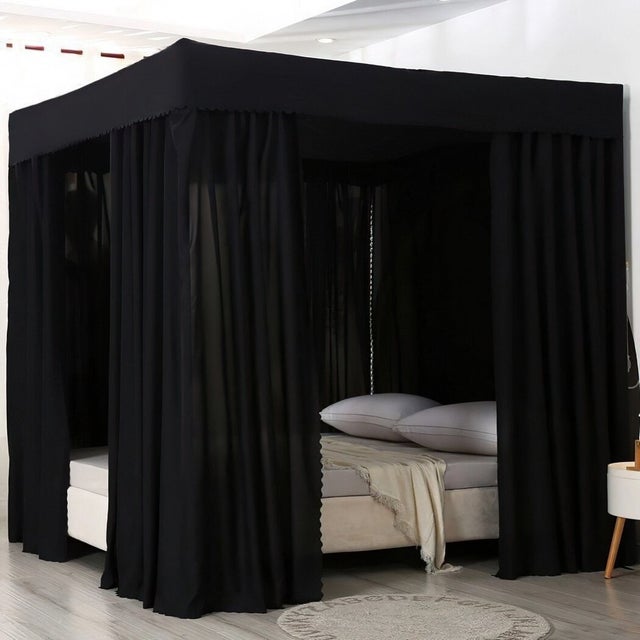 Dosel para cama con postes, dosel opaco, dosel negro para dormitorio de adultos (negro, 150 x 200 x 195 cm, para cuatro camas tamaño queen)