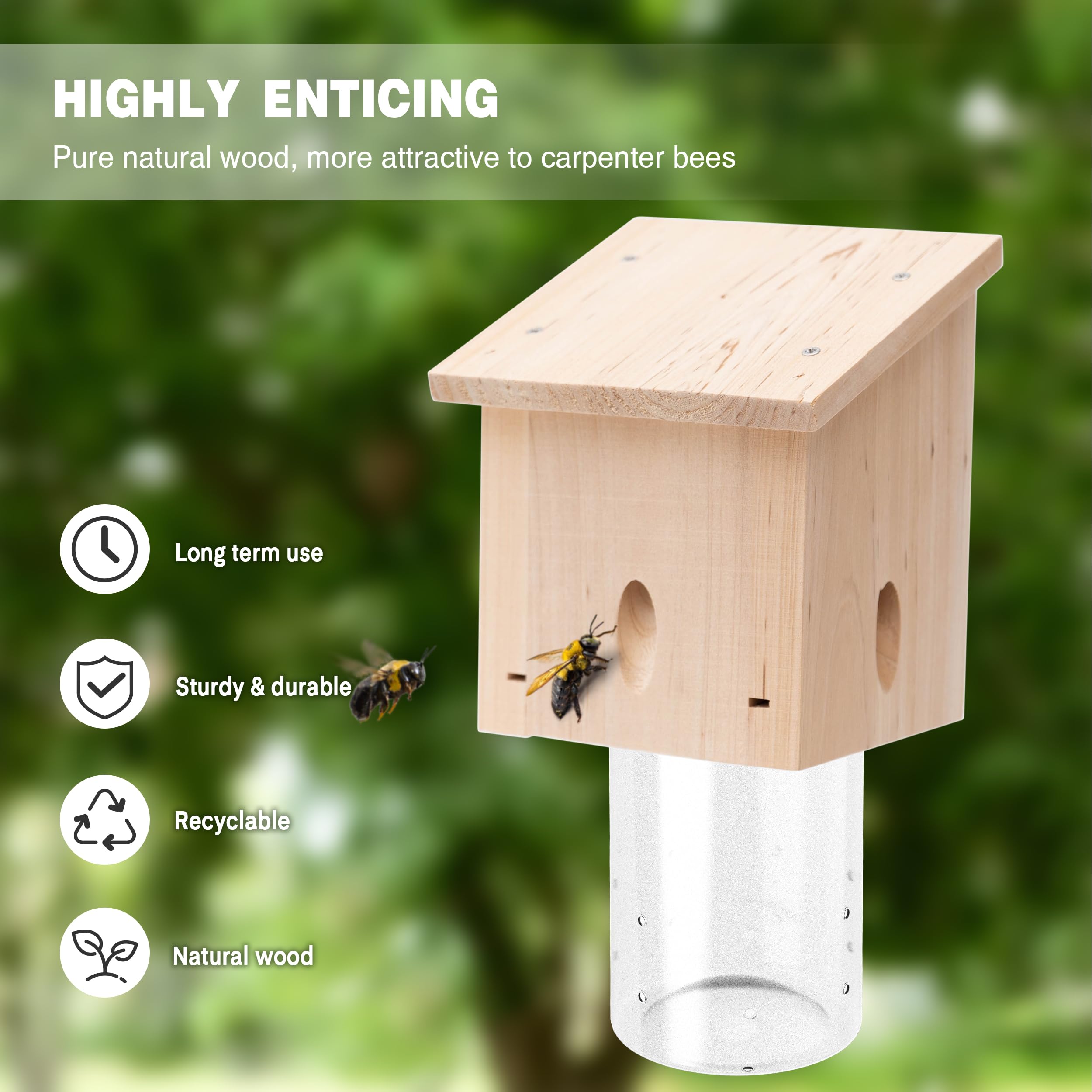 Armadilha Suspensa para Abelhas em Madeira Maciça Natural (Teto Inclinado) — Inclui Bandeja de Captura Removível (Conjunto de 2 Peças) - 3