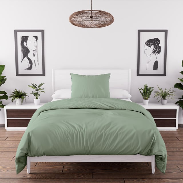 Parure de couette en microfibre lavée 140x200 cm BOHEME vert d'eau, par Soleil d'Ocre