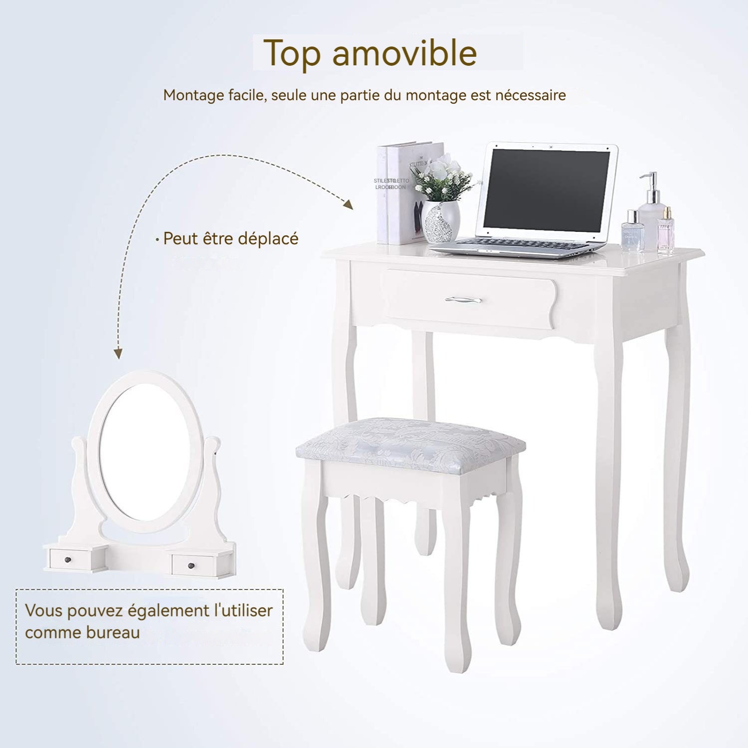 Coiffeuse Blanche avec Miroir Pivotant 360°, Table de Maquillage 3 Tiroirs et Tabouret Rembourré, Bureau 2-en-1 Chambre, 75x40x136cm - 4