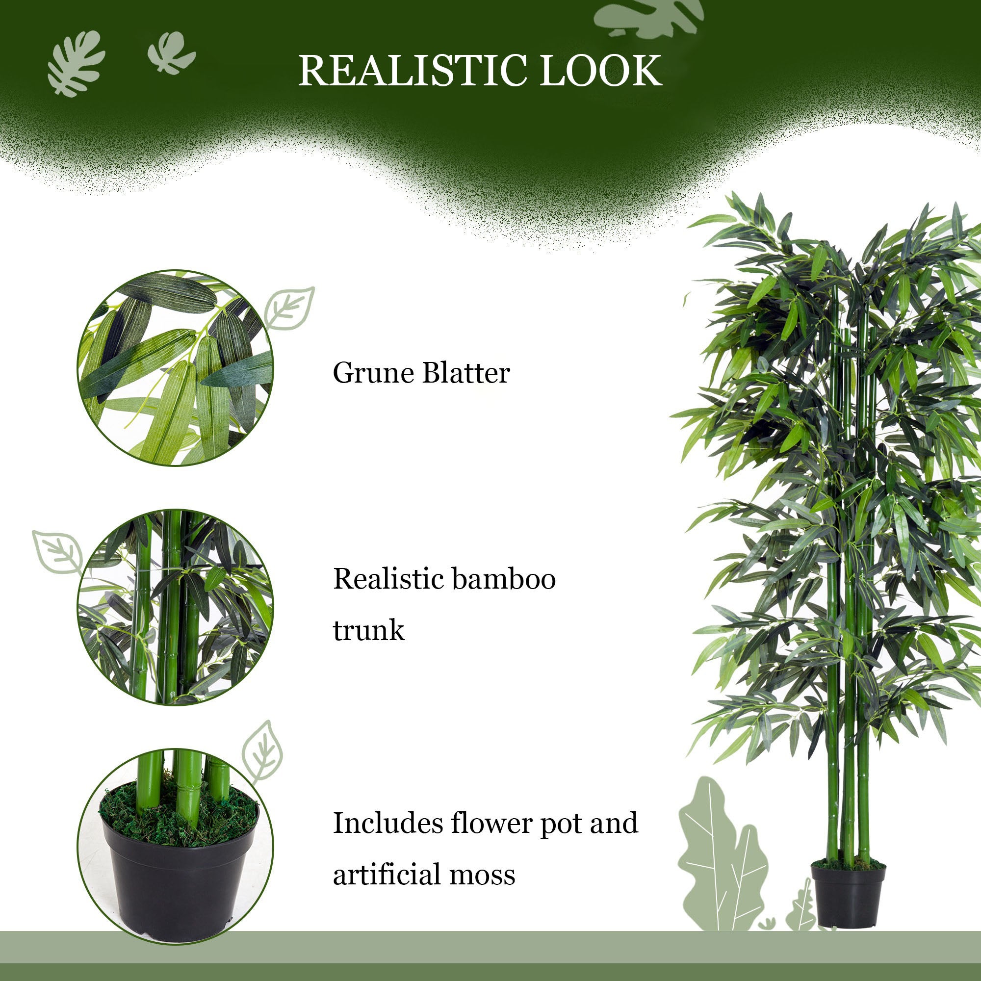Plante artificielle 180 cm – Bambou réaliste avec pot, décoration intérieure et extérieure, facile d'entretien - 4