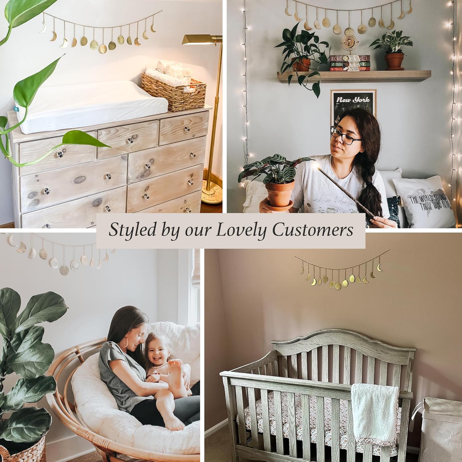 Décoration murale phase de lune, art mural doré pour chambre, style bohème, guirlande murale en métal de 91 cm (13 phases de la lune),or - 3