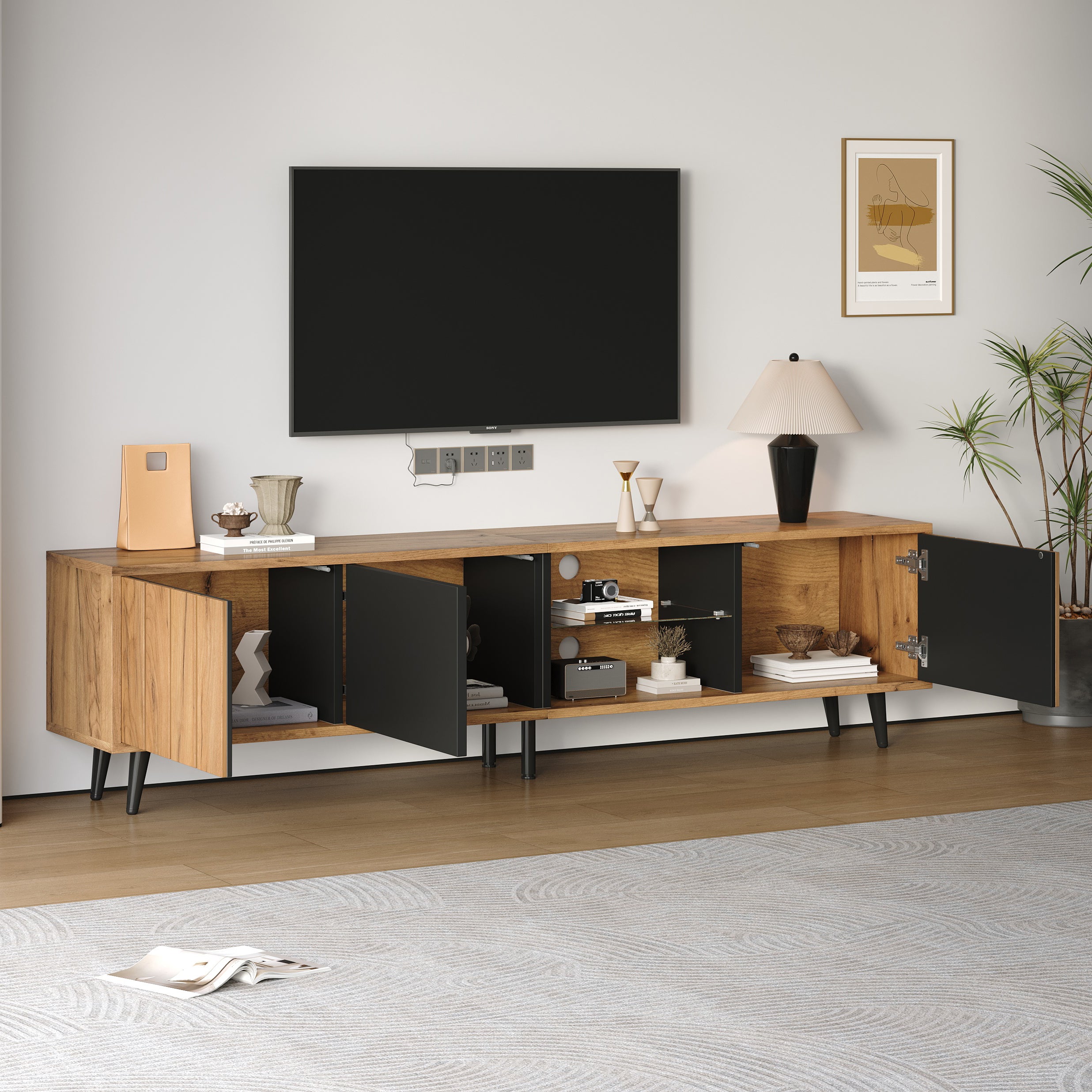 Szafka RTV do telewizora 75 cali z 3 drzwiami i 2 półkami - 175 x 31,5 x 45 cm - Płyta wiórowa - Kolor naturalny i czarny