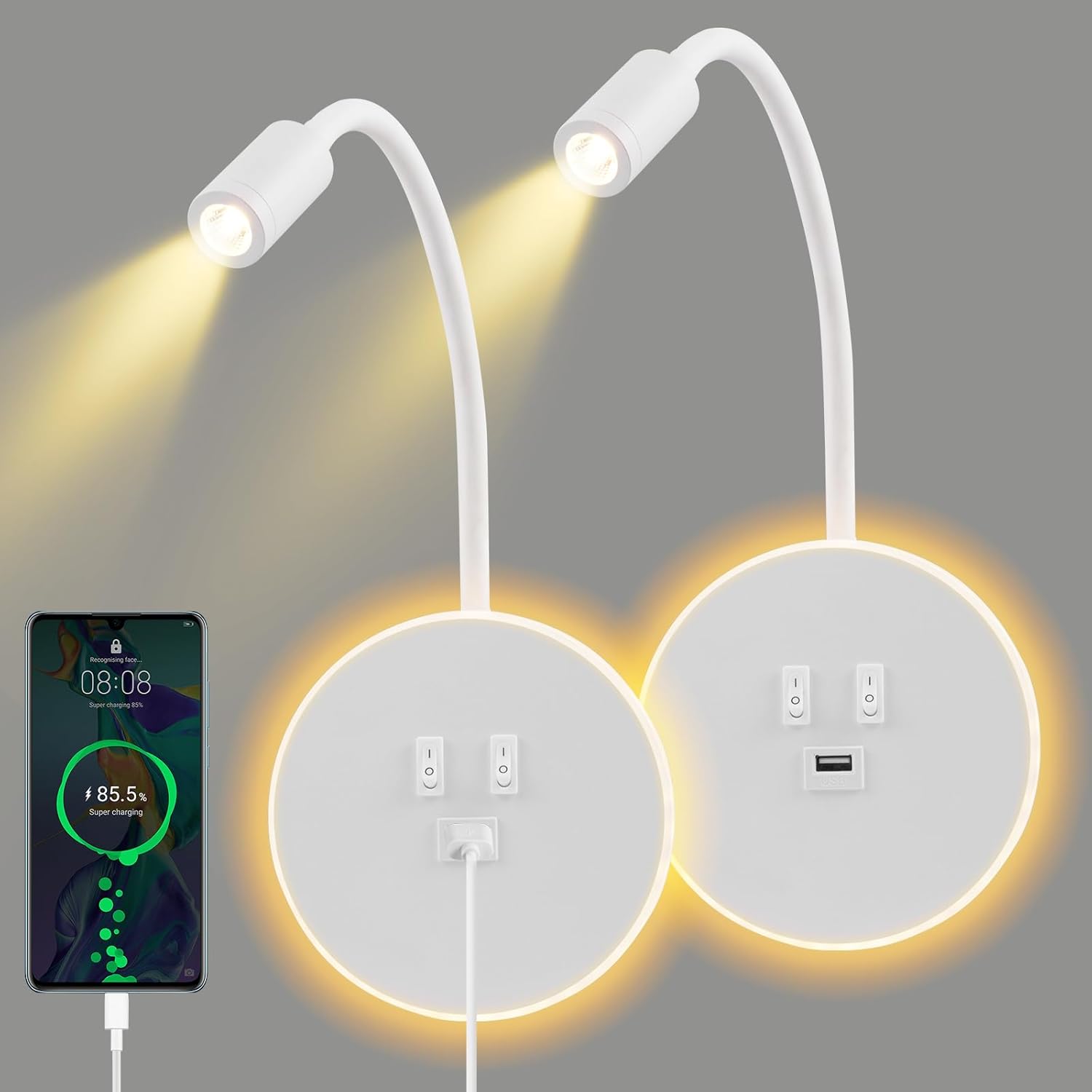 Elastyczna lampa ścienna LED z gęsią szyją, 3 W, 9 W, lampa do czytania z portem ładowania USB i przełącznikiem, 2 sztuki (biała)