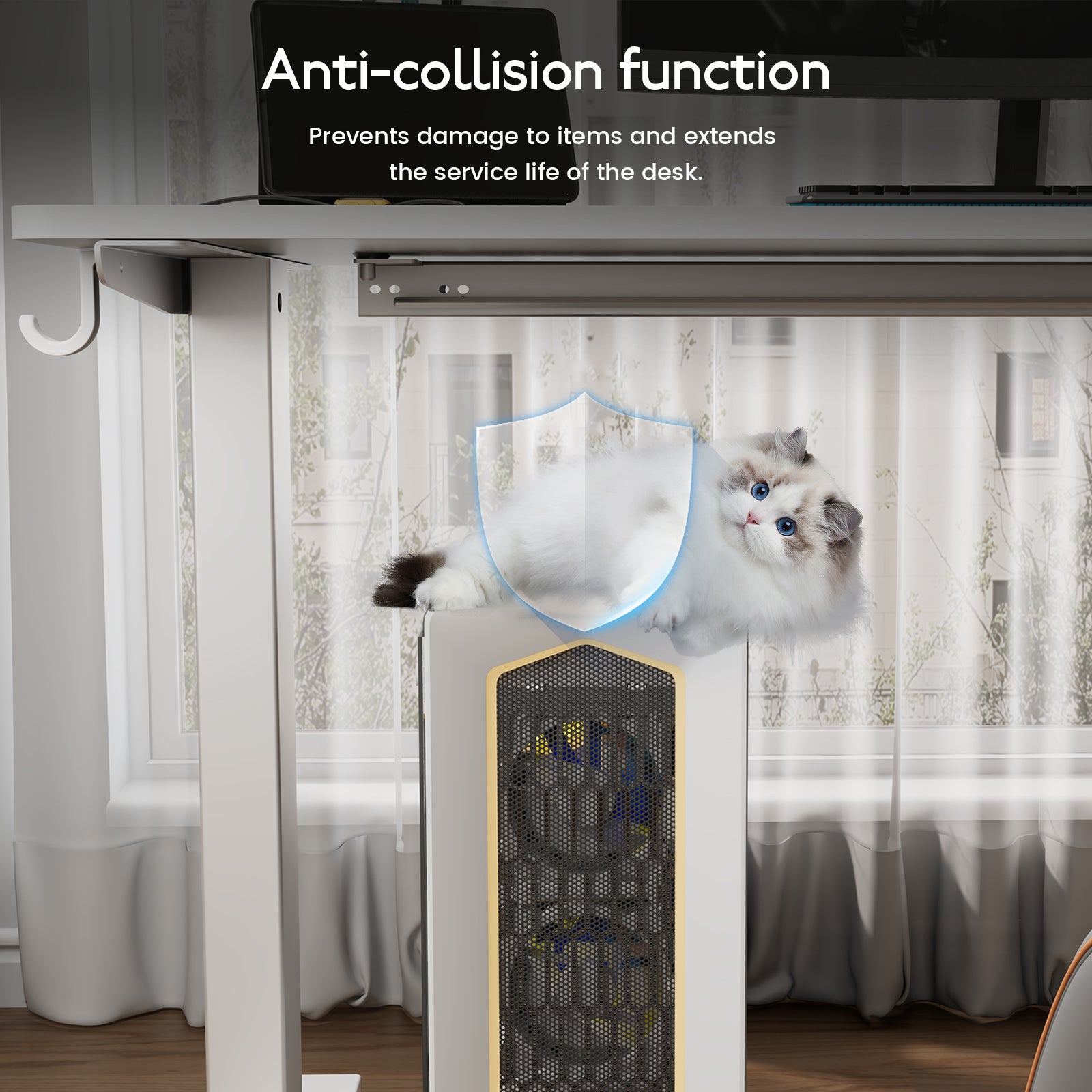 Scrivania elettrica regolabile 60x140 cm, Altezza 70-117 cm, Funzione memoria, Ritorno in caso di resistenza, Modalità risparmio energetico. - 6