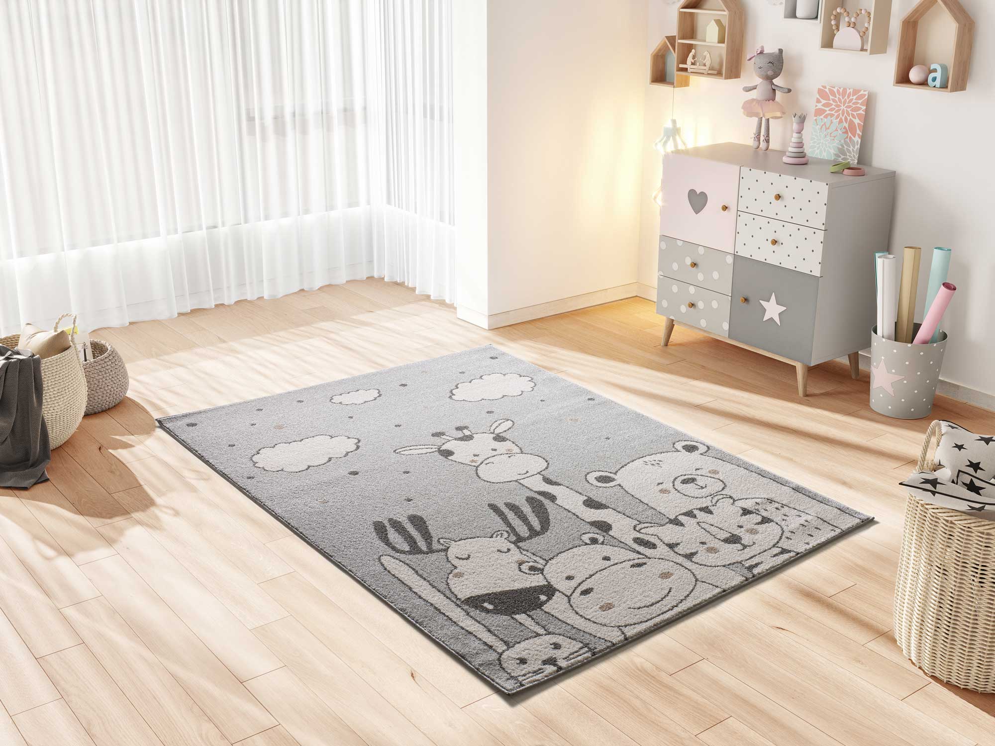 Alfombra interior gris rectangular 120 x 170 cm beats infantil animales - atticgo