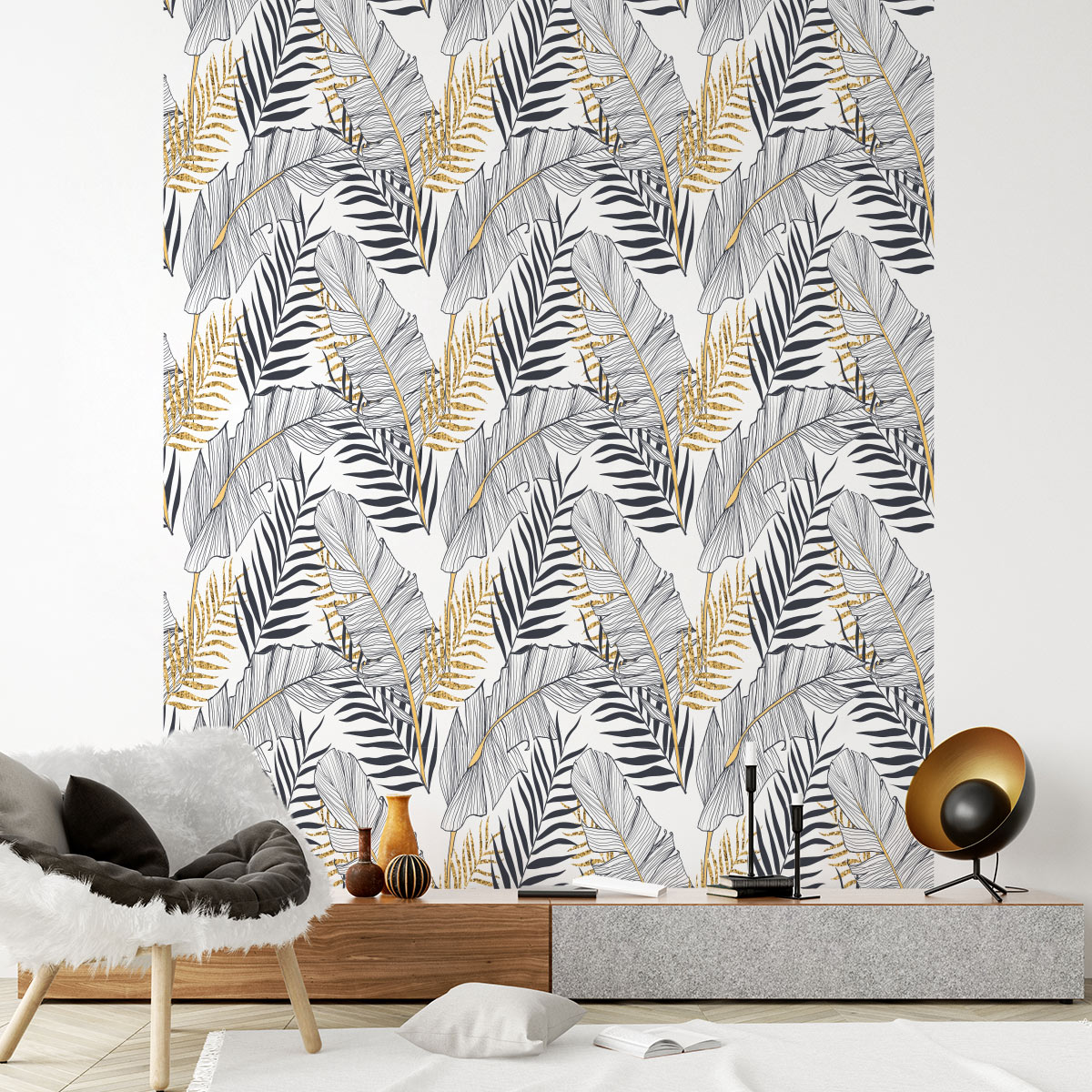 Papel pintado prepegado hojas de palma elegantes h300 x l60 cm - adhesivo de pared - revestimiento sticker mural decorativo