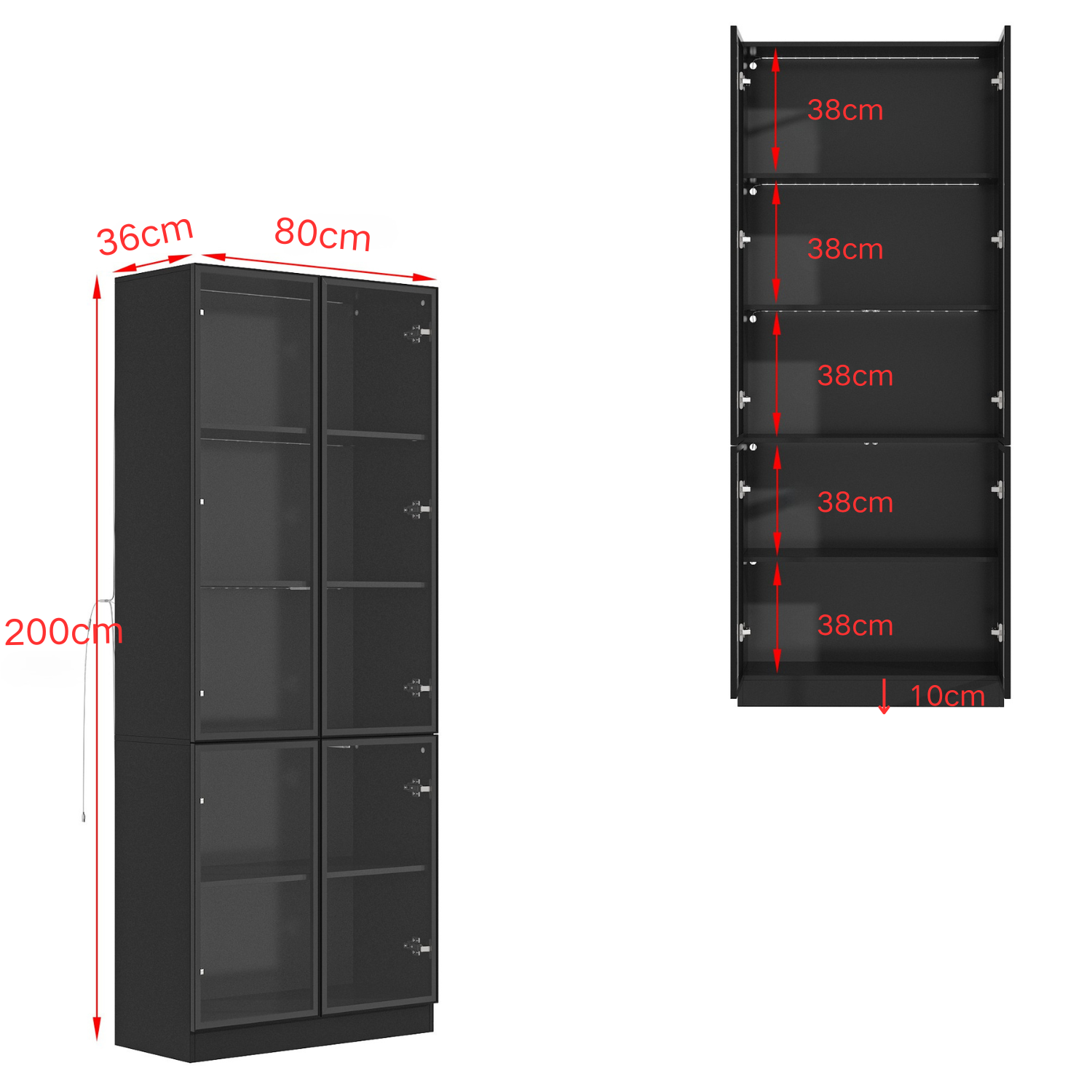 Vitrine à Lumières LED 3 couleurs, Armoire pour Collection avec 2 Portes en Verre, 5 étagères, Bureau et Salon, 80x36x200, Noir - 2