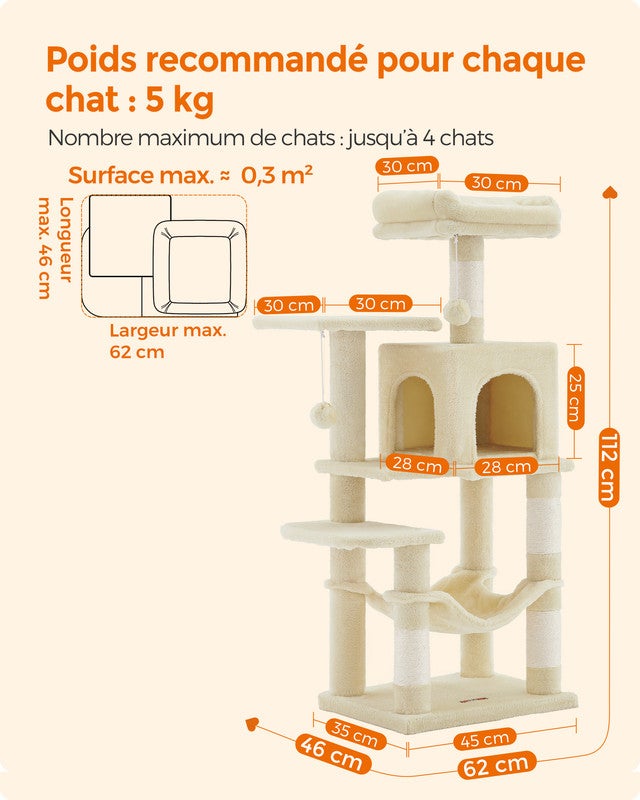 Arbre à Chat Hauteur 112 cm, avec 4 Poteaux à Griffer, 2 Plateformes, 1 Niche, 1 Hamac, 2 Pompons, Beige - 5