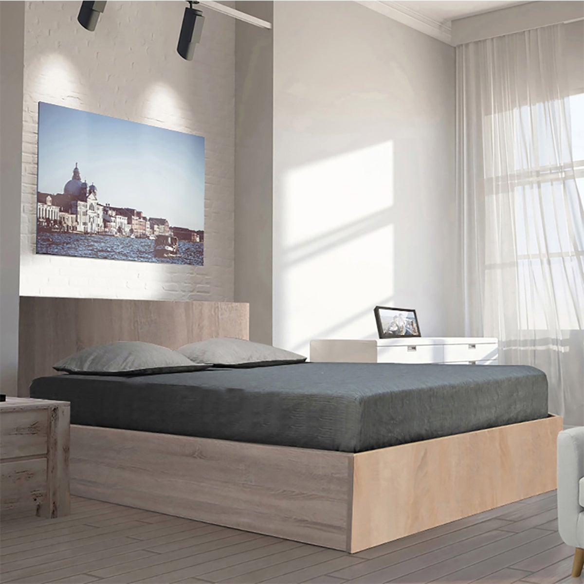 Lit coffre 180x200 sommier inclus Taylor Bois blanchi - 3