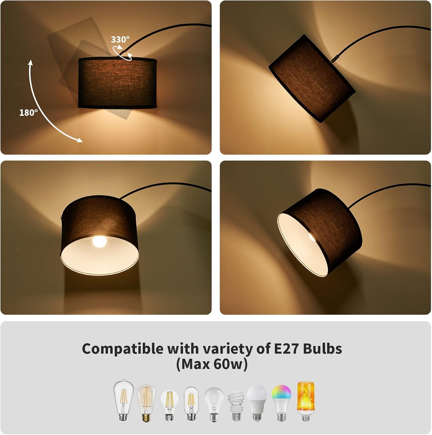 Lampadaire Arc, Lumière Chaude 3000K, LED E27 9W, Abat-Jour Noir 33cm, Interrupteur au Pied, Éclairage Doux pour Chambre, Bureau, Salon - 5