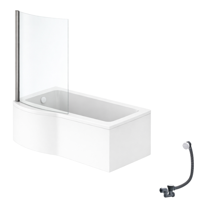 Ideal standard connect air, conjunto de bañera/ducha izquierda de 150 x 80 cm + delantal + mampara fija + desagüe, blanco.