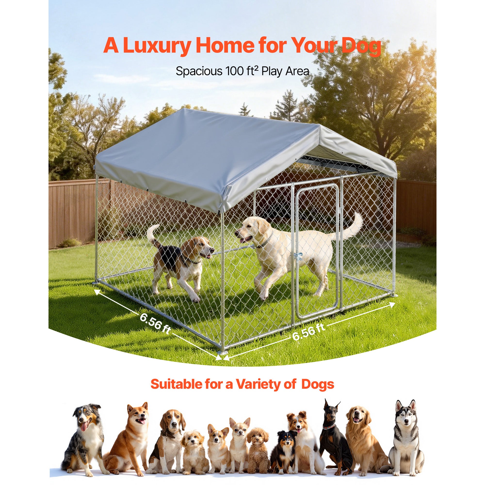 Canil exterior SucceBuy 2x2x1,6 m com cobertura, resistente e à prova de intempéries, cercado para cães de grande porte com capa de PE prateada - 4