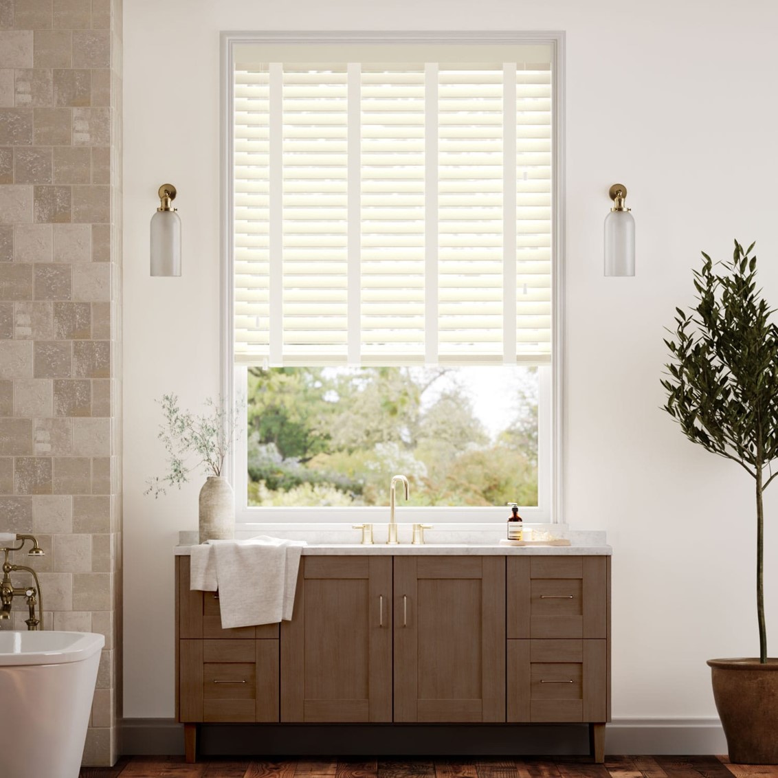 Venecianas madera efecto madera con cinta color crudo - crema 121x120 - cortinadecor