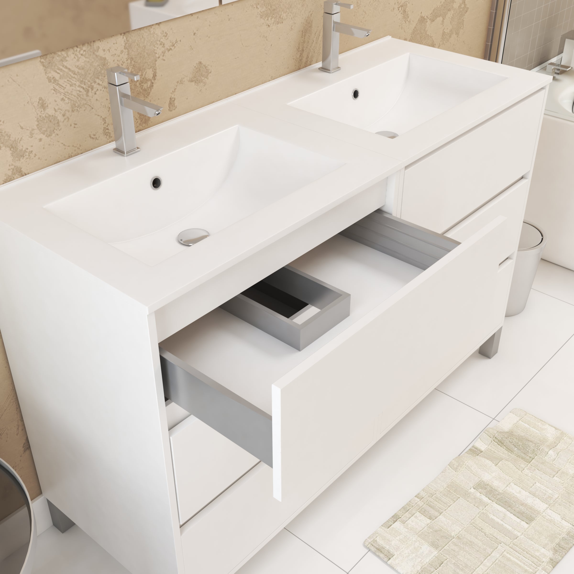 Mobile Bagno Sospeso 120cm Bianco Lucido - Doppio Lavabo Con 2 Cassetti, Design Moderno - Foto 12