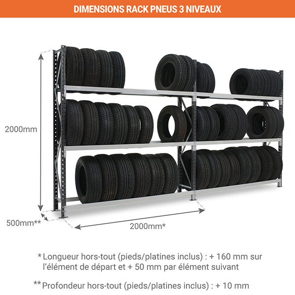 Grand rack à pneus 3 niveaux - Élément suivant : 2000x2250x400mm - Utilisable uniquement avec un module de départ - RAYOPN/3N/2020/S - 2