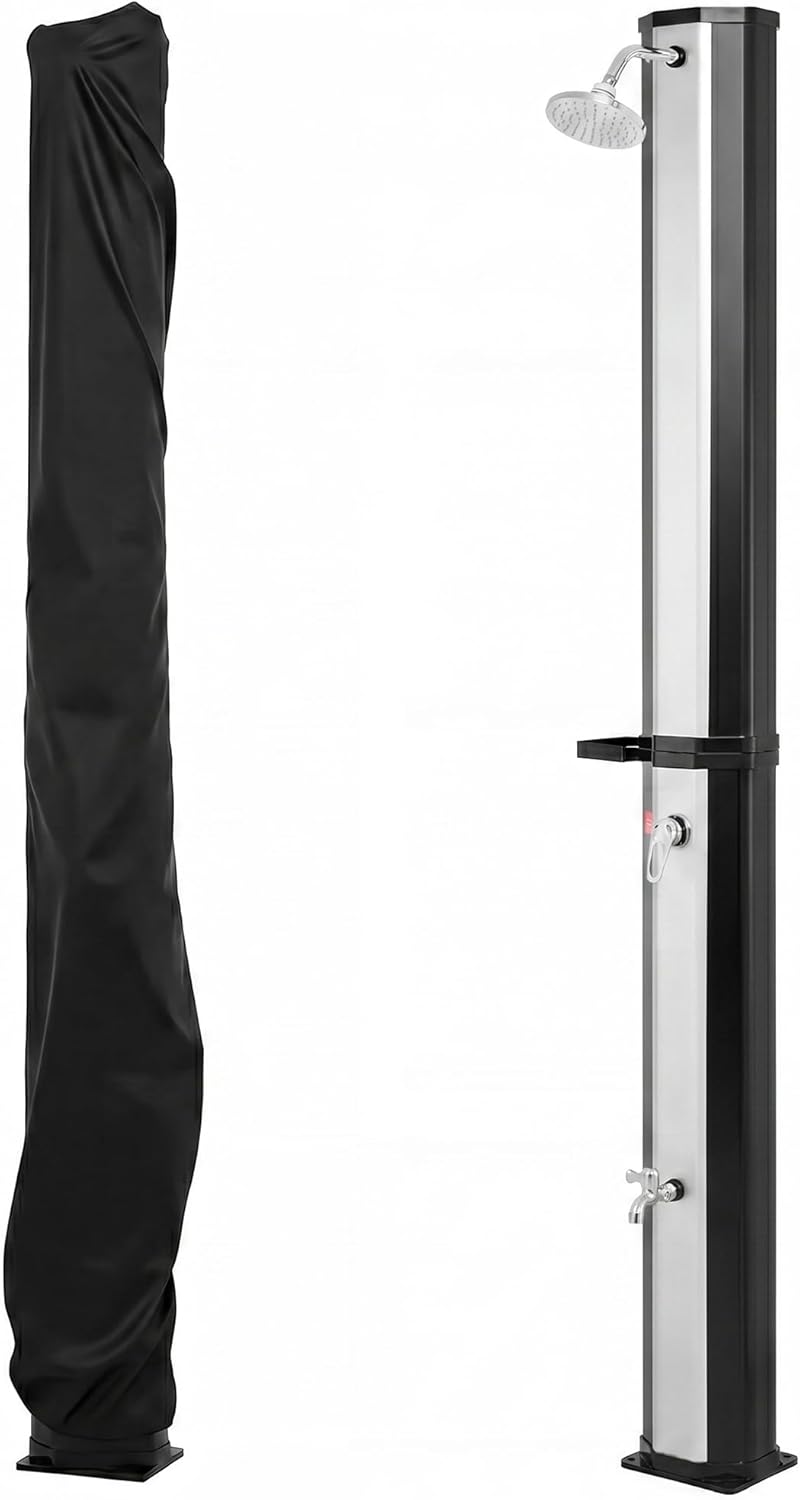 Duș solar 60L, duș vertical exterior cu cap de duș rotativ la 360°, robinet, capac de protecție, reglare apă caldă și rece – Argintiu