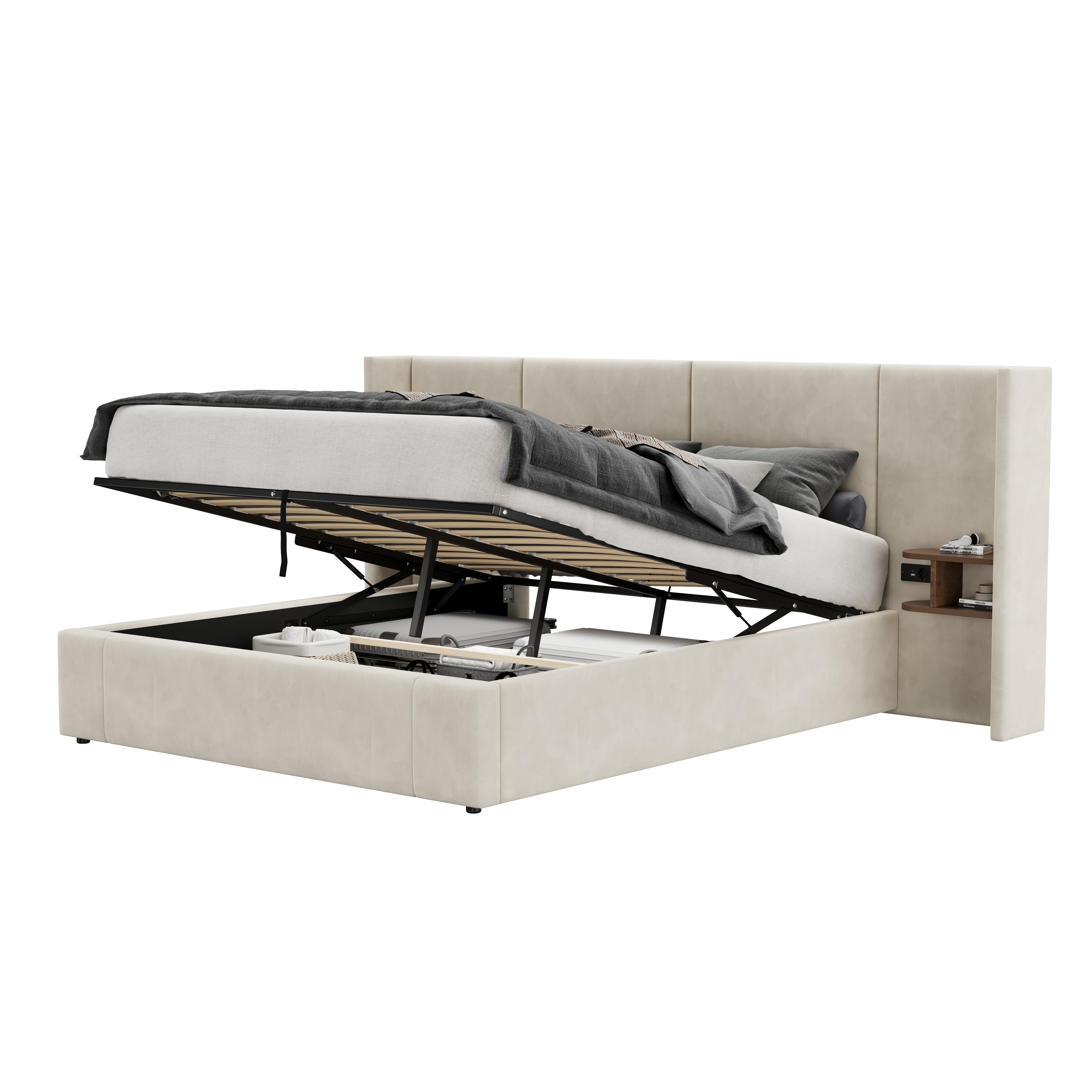 Cama arrumação 160 x 200 cm com cabeceira grande - 2 mesas de cabeceira e porta USB - Veludo - Bege (sem colchão) - 8
