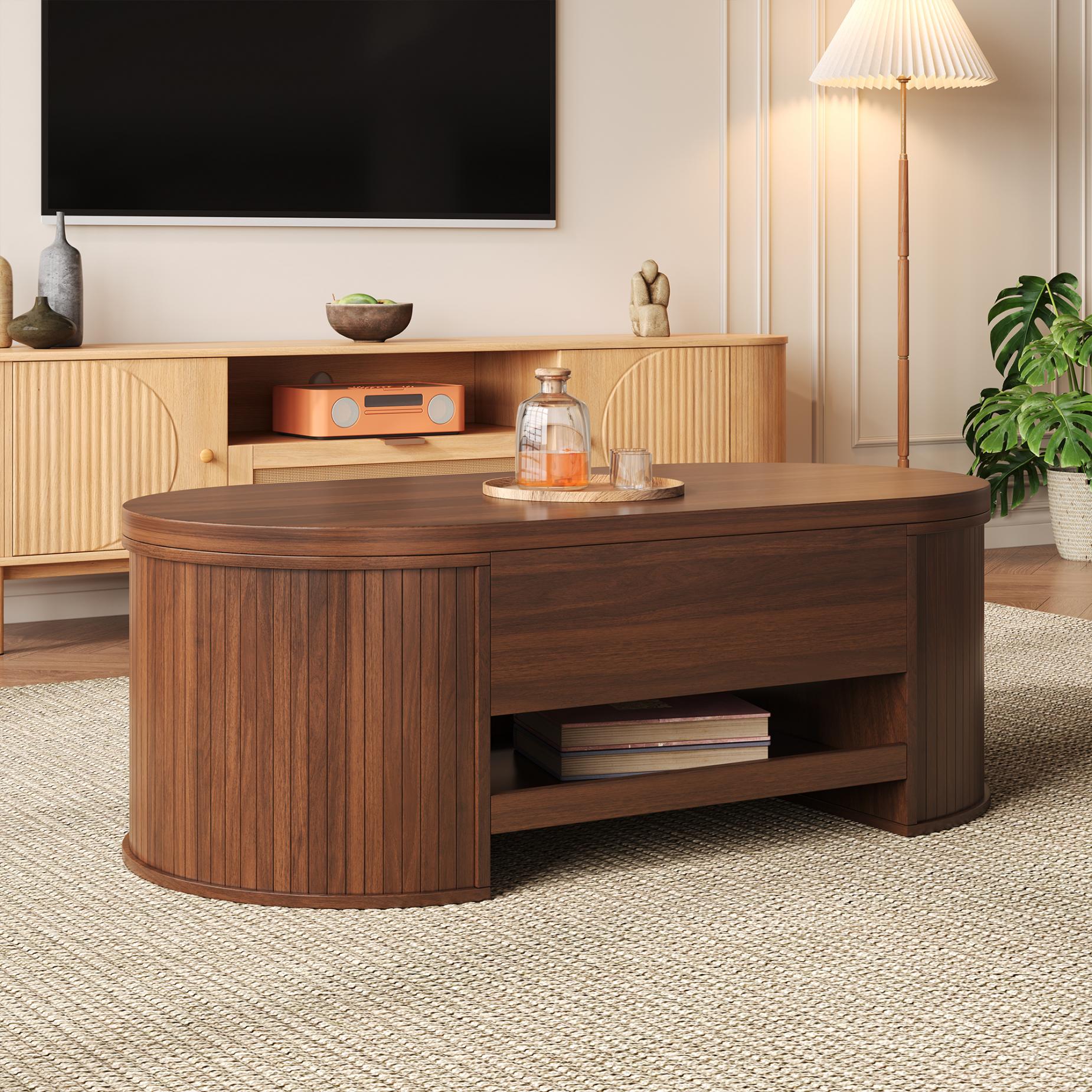 Anhebbarer Couchtisch Multifonction avec Tablette Réglable, Étagère Coulissante et Bois Courbé pour Salon Élégant et Pratique - 5