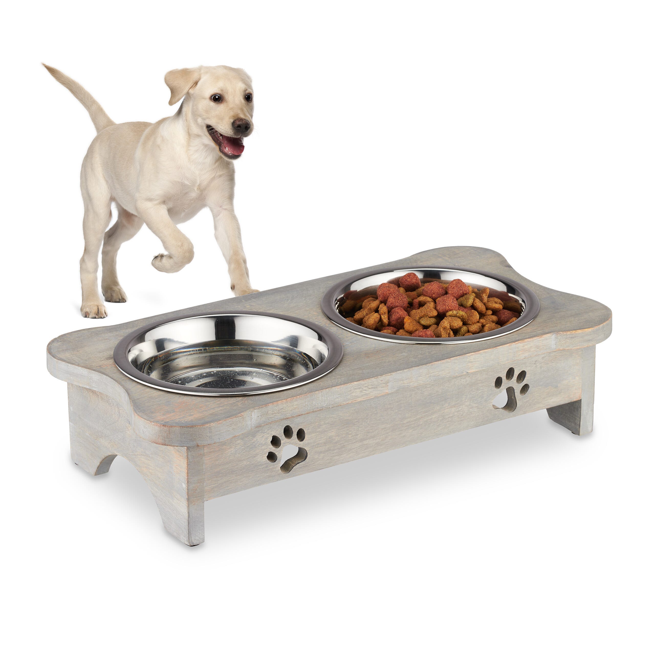 Relaxdays Comedero Elevado Perro, Soporte con Huellitas, Cuencos