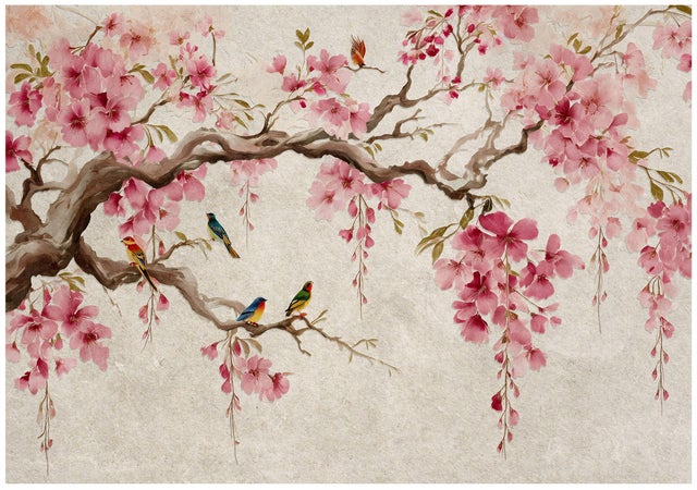 Papel pintado panorámico Cherry Blossom Beige Concrete - 300x210 cm - Papel pintado para dormitorio y salón