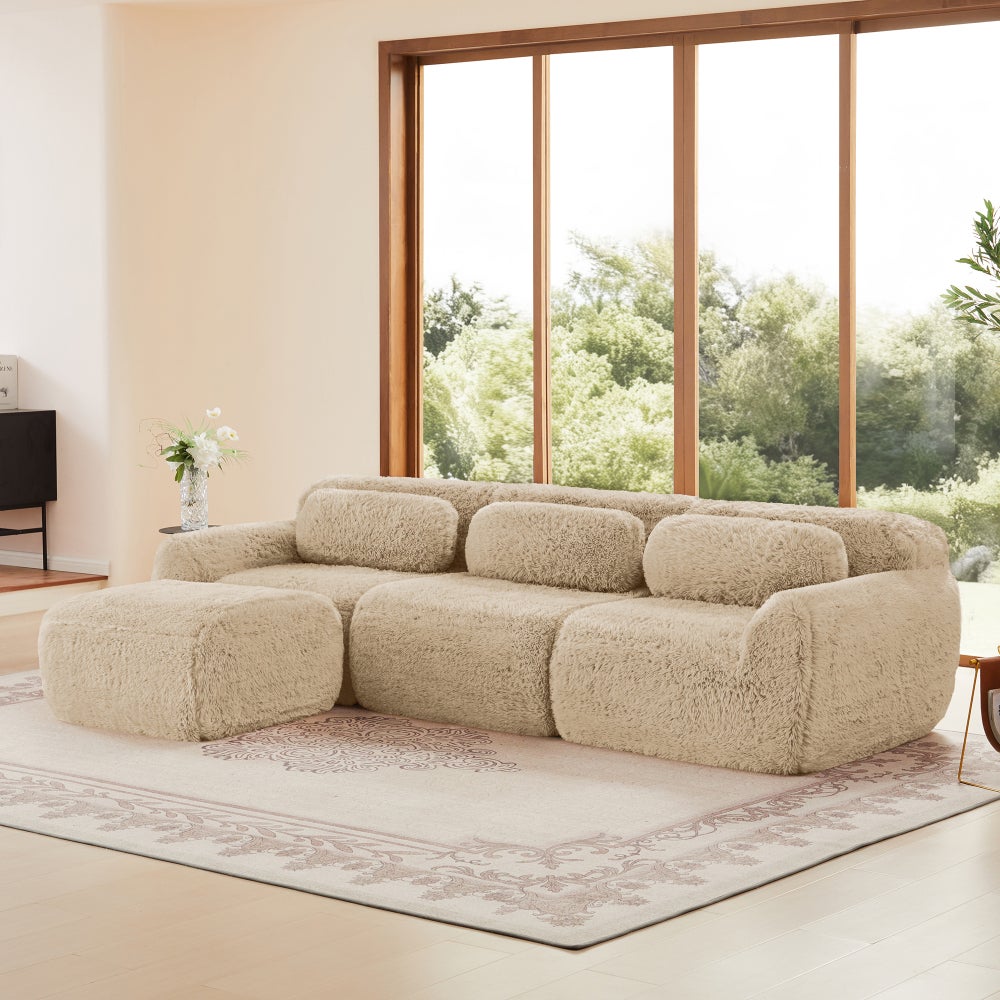 Sofa narożna, w kształcie litery L, modułowa, miękka, głęboka, nie wymaga montażu, z poduszkami, jasny khaki