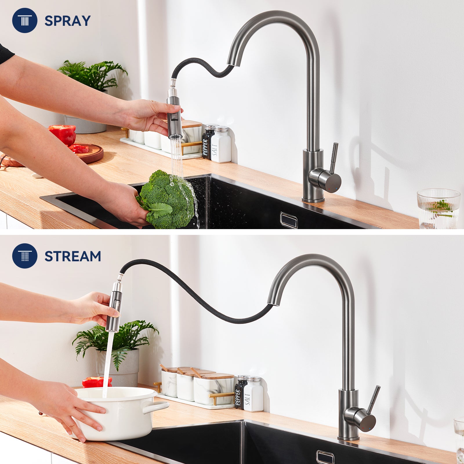 Miscelatore da cucina con doccetta estraibile,Rubinetto per lavello 2 funzioni,Miscelatore da cucina in acciaio inossidabile,Grigio scuro - 2