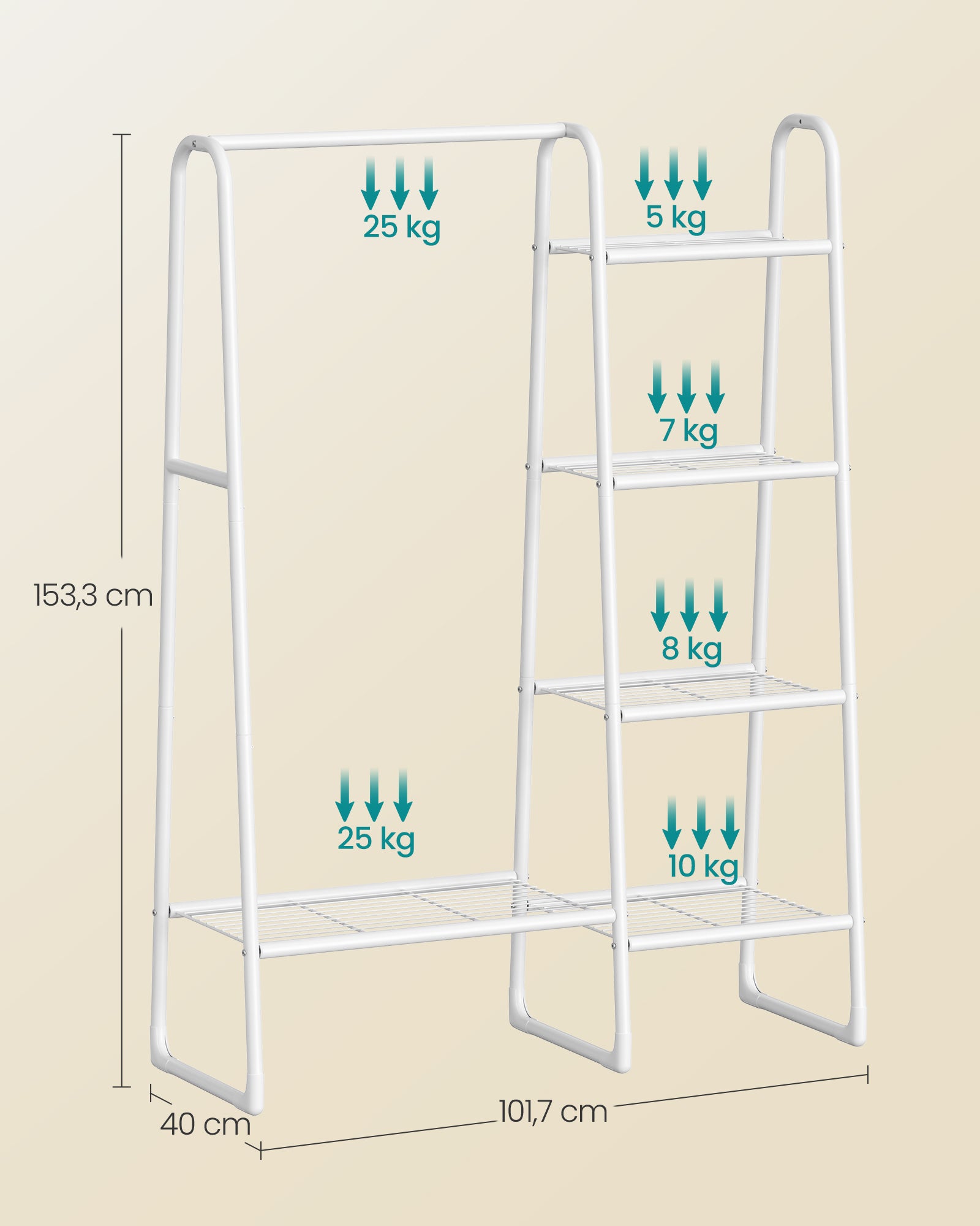Portant à Vêtement, Penderie à Vêtements, 5 Étagères de Rangement, Structure en Métal, 40 x 101,7 x 153,3 cm, Blanc Mat - 5