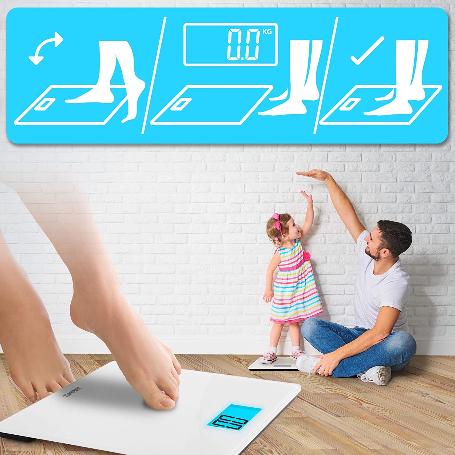 Duronic BS403 Báscula de baño digital - Hasta 180kg – Pantalla LCD azul fácil de leer- Diseño vidrio blanco - Enciende al subirse - Peso en kg, lb, st - 5