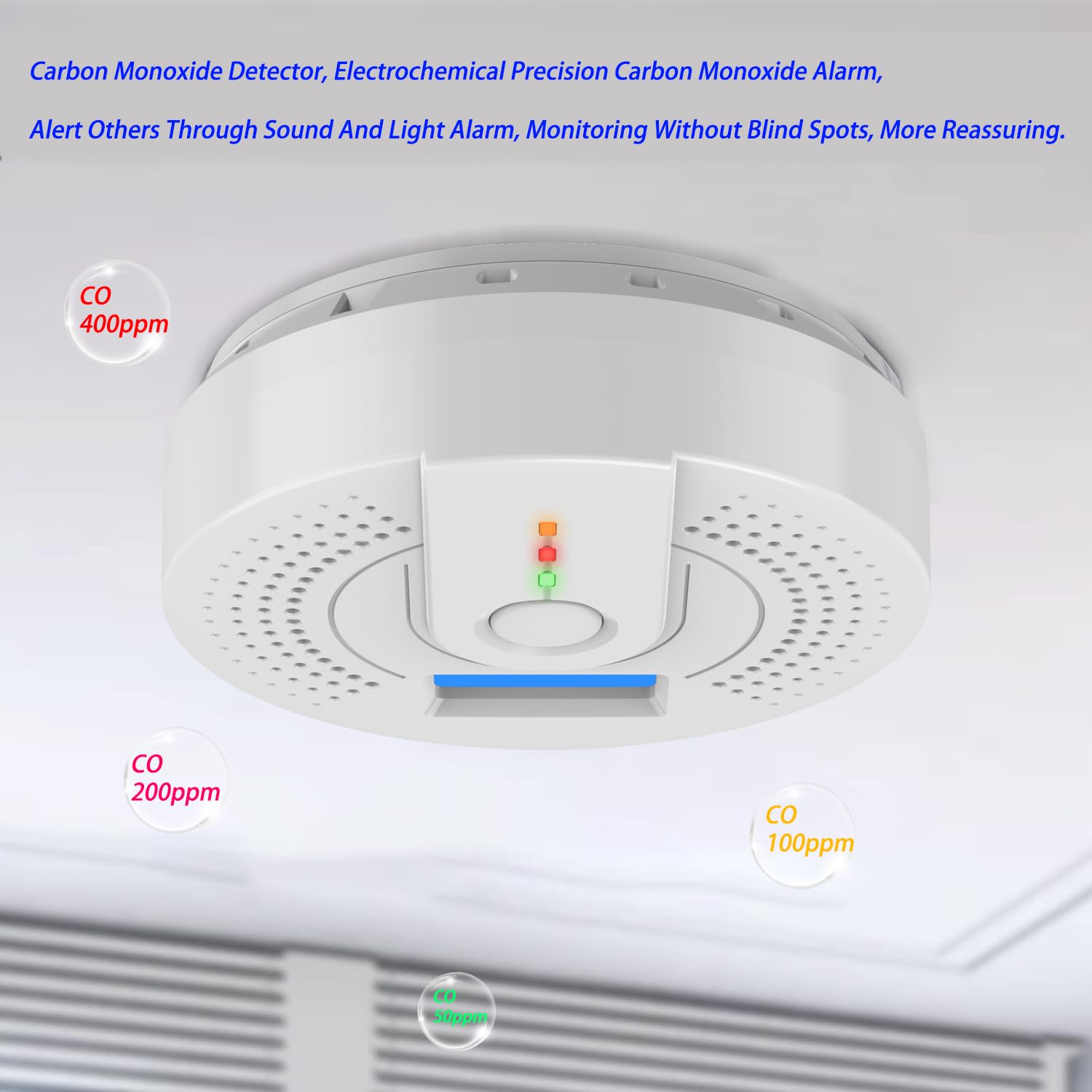 Detector de monóxido de carbono, pantalla digital y alarma sonora, alarma portátil de viaje, 9,6 x 9,6 x 3,1 cm, color blanco (sin batería) - 5