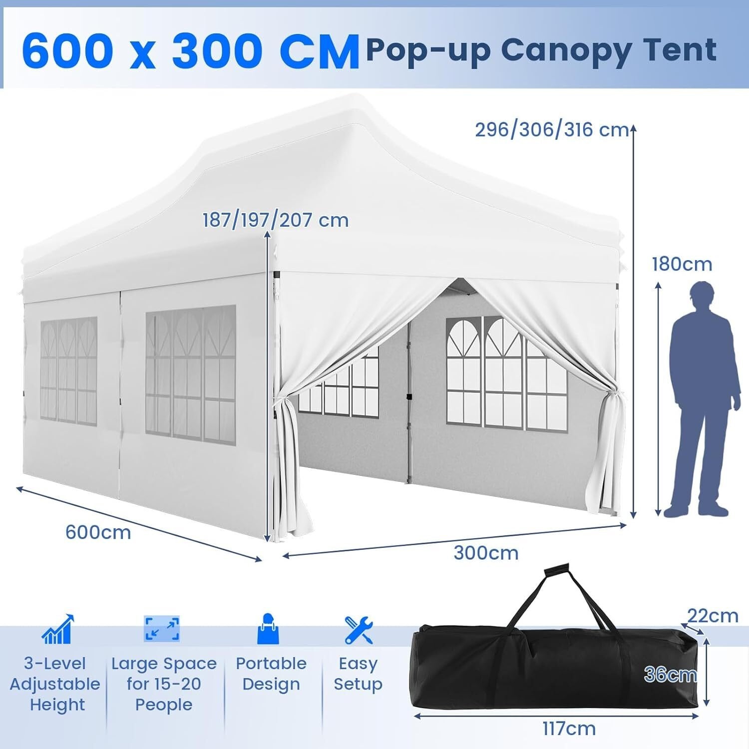 Tonnelle Pliable 3x6M avec 6 Parois Latérales, Barnum Tente de Réception Pliante Anti-UV 50+, Imperméable, 6 Sacs de Sable,Sac de Transport, Blanc - 3
