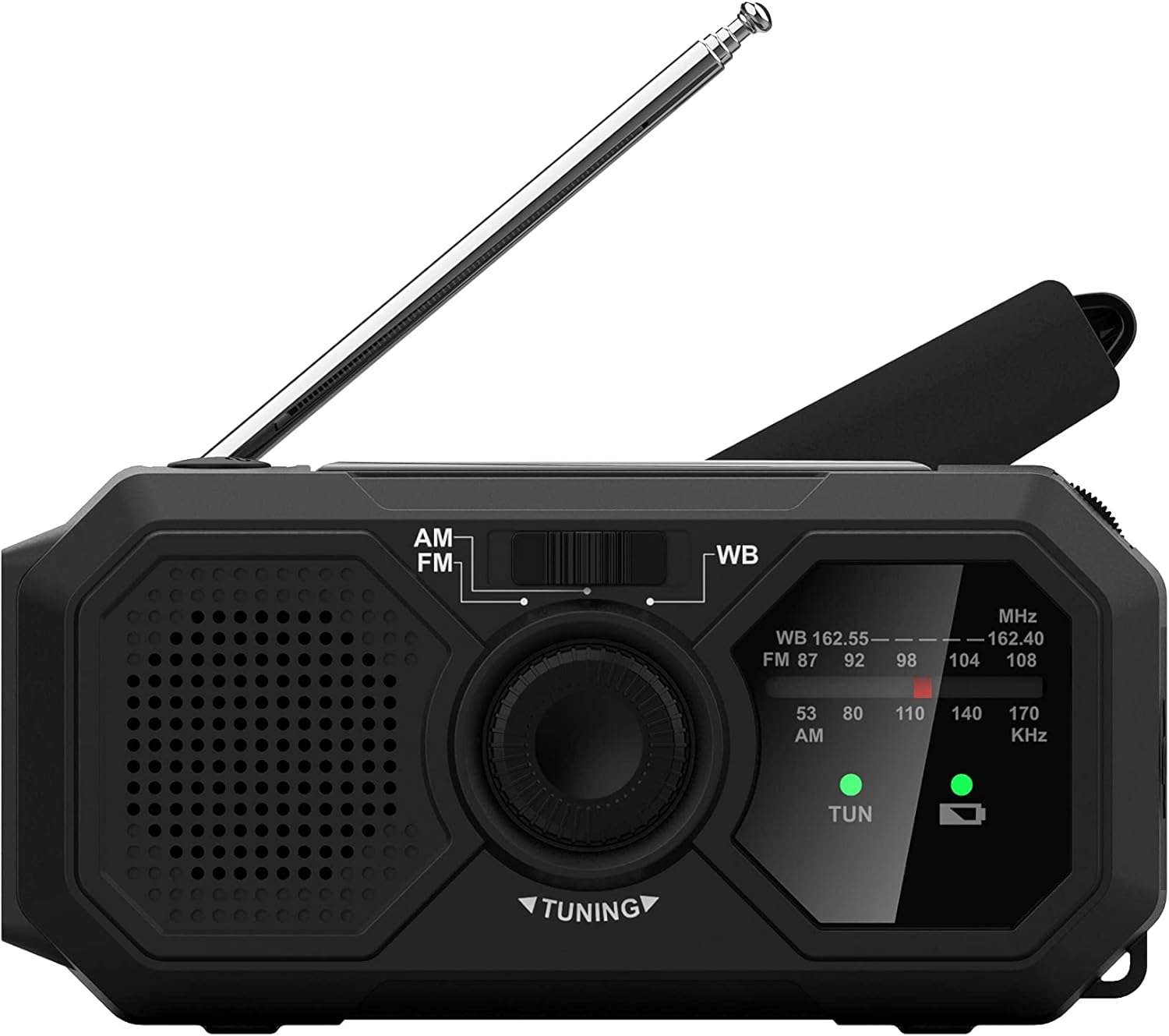 Radio awaryjne - Małe radio przenośne - Panel słoneczny i korbka ręczna - Radio pogodowe - Radio AM/FM (czarne)