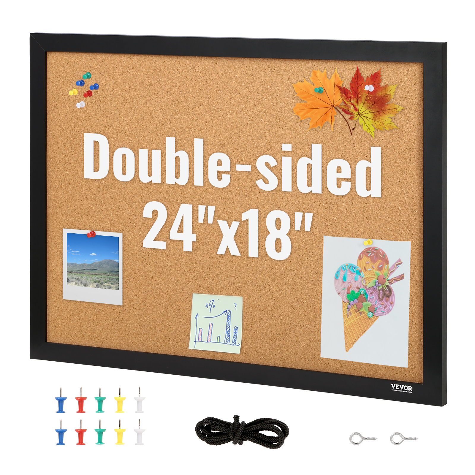 Vevor tablero de corcho, 24 x 18 pulgadas, tablón de anuncios de doble cara con marco adhesivo de mdf, tablero de visión incluye 10 pines