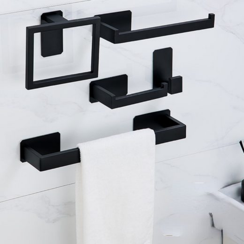 Barra para toallas de acero inoxidable negro sin perforación, juego de 5 accesorios de baño con cinta adhesiva doble cara 3M - 3