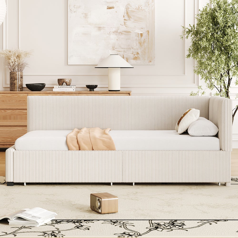 Łóżko tapicerowane, rozkładana sofa 90*200 cm, z 2 dużymi szufladami do przechowywania, przyjazny dla skóry aksamitny materiał, beżowy