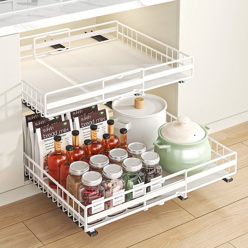 TOJUNE Tiroir Coulissant Extensible Pour Placard - Réglable 31-49 Cm, 3 Rails Silencieux, Adhésif Nano & Vis - Organisation Cuisine & Garde-Manger (Blanc)