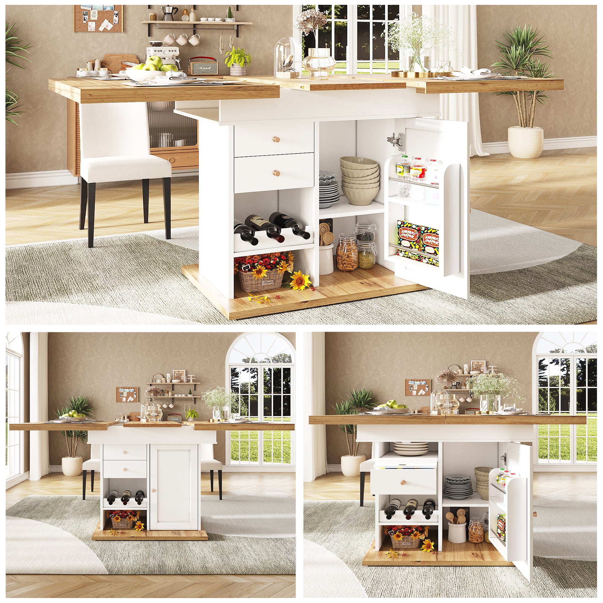 Rozkładany stół jadalny dla 4-6 osób z 1 szufladą i 2 drzwiami - 110/140 x 80 x 75 cm - MDF - Biały + naturalny