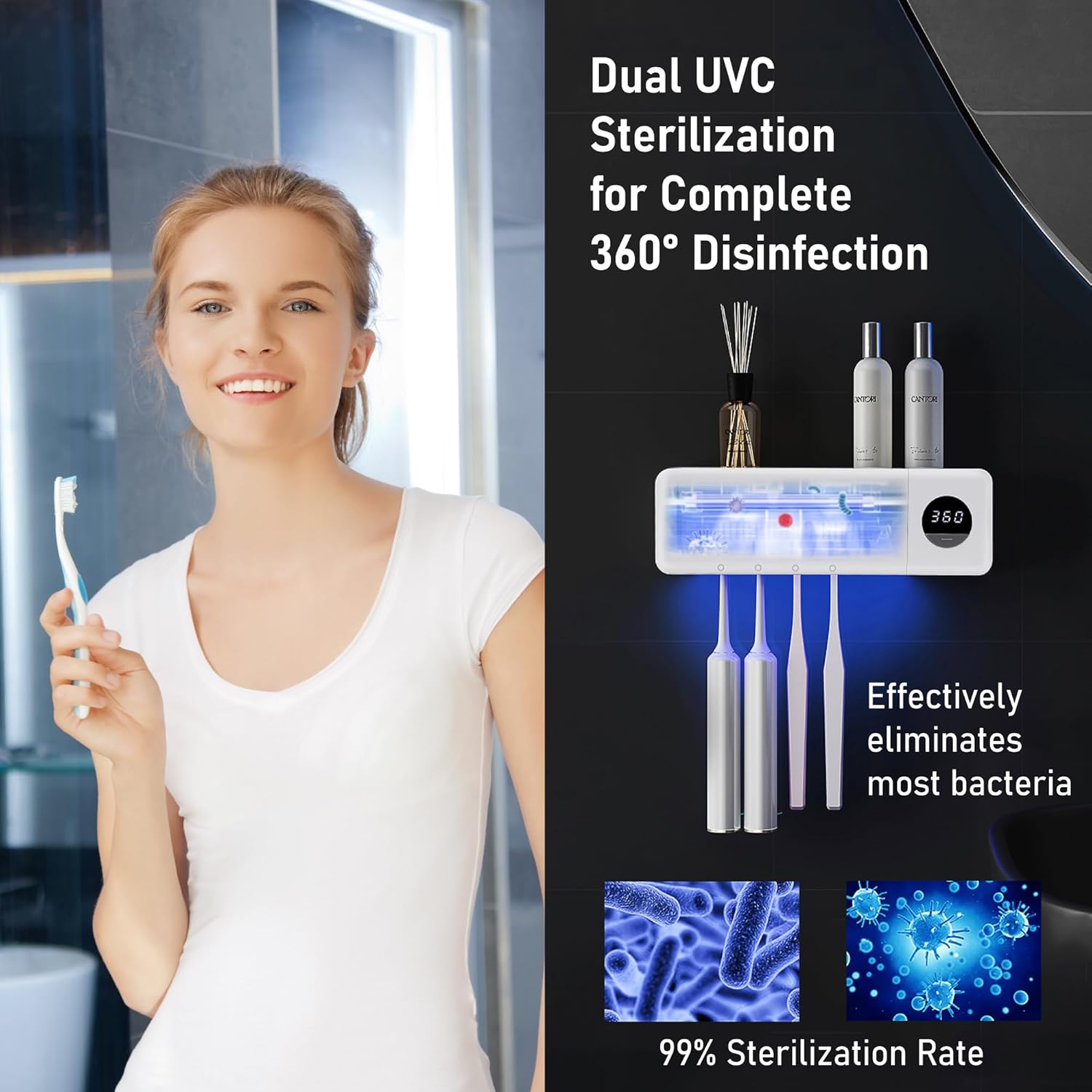 Stérilisateur de brosse à dents UV - Brosse à dents rechargeable intelligente avec fonction de séchage à la lumière et à l'air - 3
