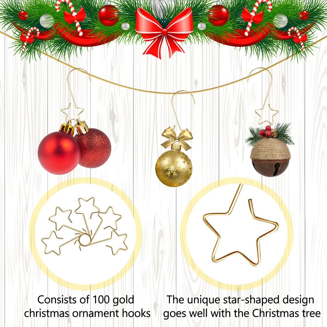 100 ganchos de bauble s de natal, ganchos de bauble s de árvore de natal com estrela, pequenos ganchos de metal para pendurar - 3