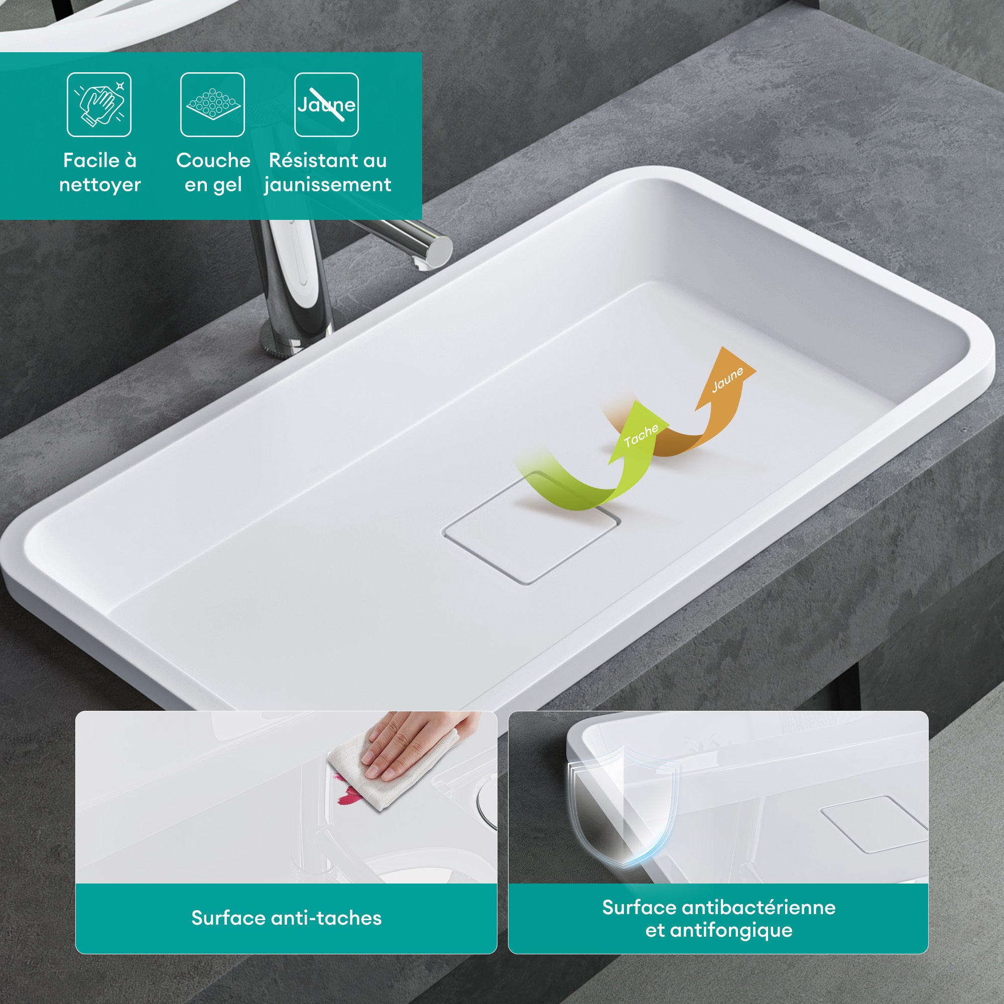 Vasque à Encastrer, Lavabo Rectangulaire, Lave Mains Blanc Mat en Résine, 53x33x10,5cm, sans Trop-Plein, Cache-Bonde Inclus, Col104 Mai & Mai - 4