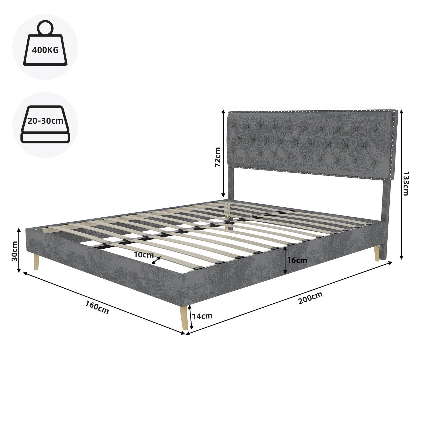 Letto matrimoniale 160x200 cm, doghe in legno, testiera, velluto grigio, senza materasso - 4