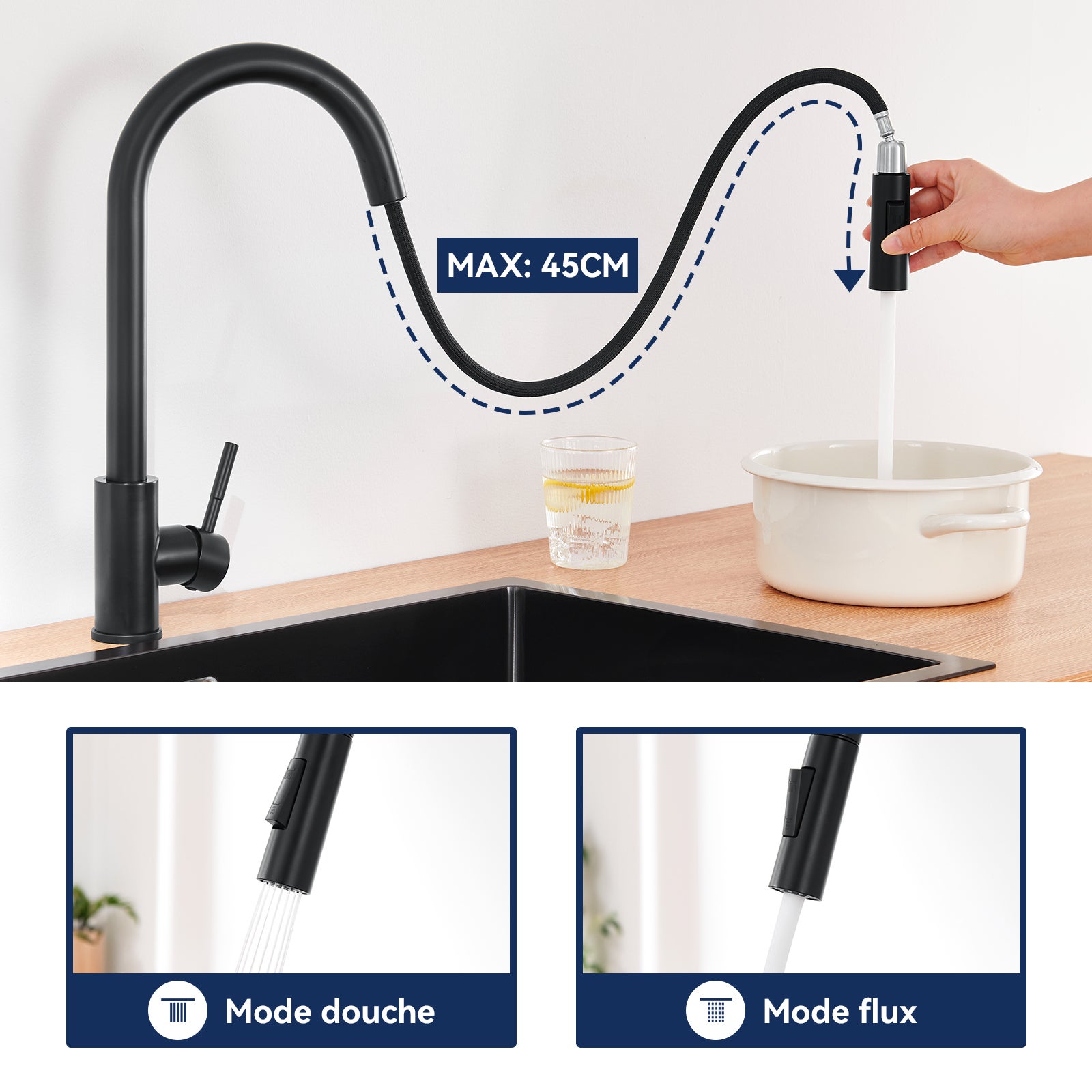 Miscelatore cucina NOir con doccetta estraibile rotante 360 ° inossidabile rubinetto cucina lavello 2 funzioni miscelatore di cucina - 2