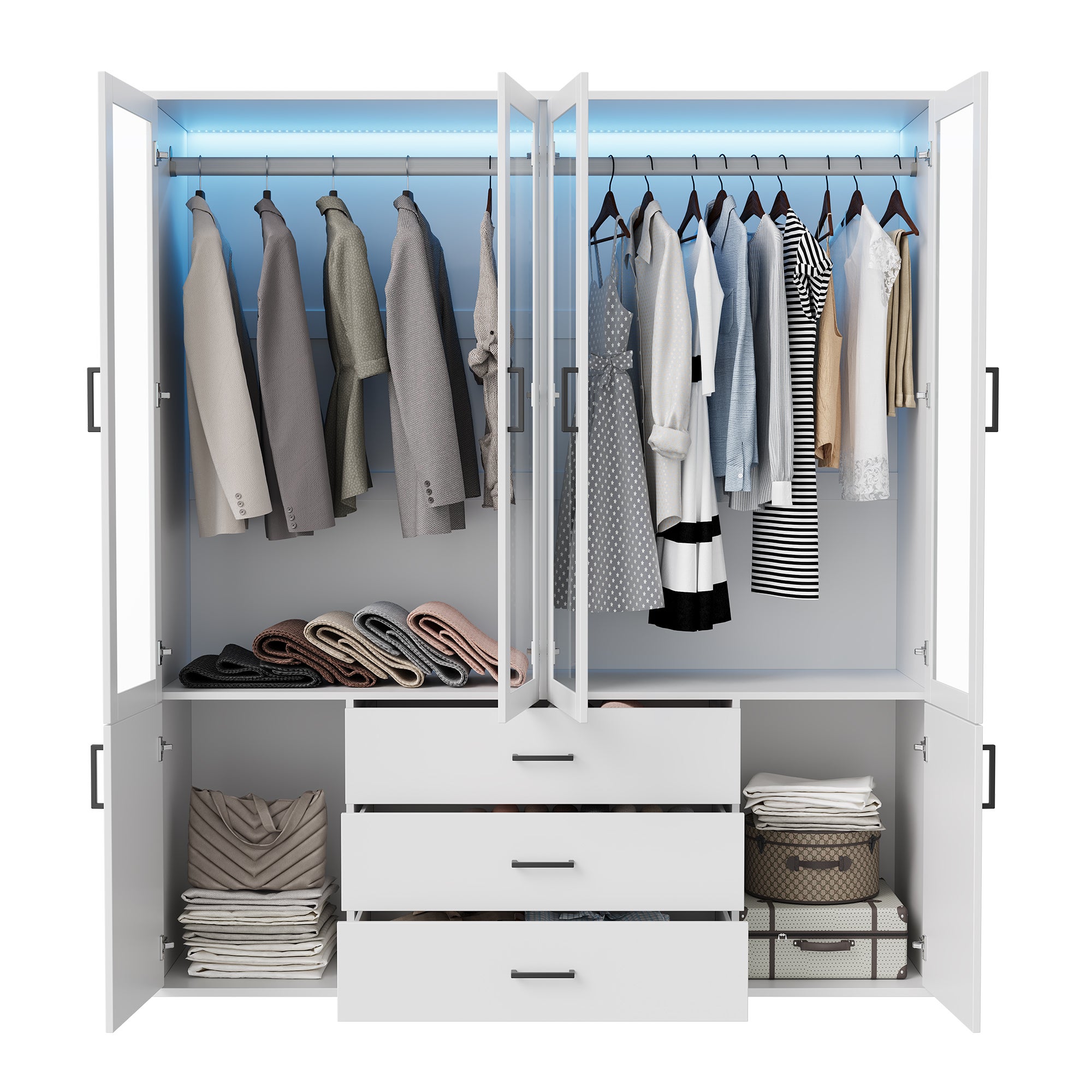 Armoire Chambre avec éclairage LED,Armoire 6 Portes et 3 tiroirs Armoires 180 cm Meuble de Rangement avec 3 tiroirs Armoires de Rangement Chambre - 4