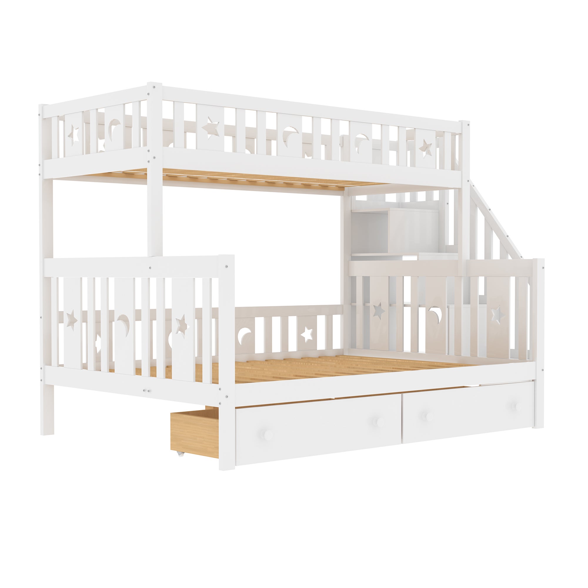 Lit superposé 90/140x200 cm en bois massif - avec escalier de rangement et 2 tiroirs - Blanc - 7