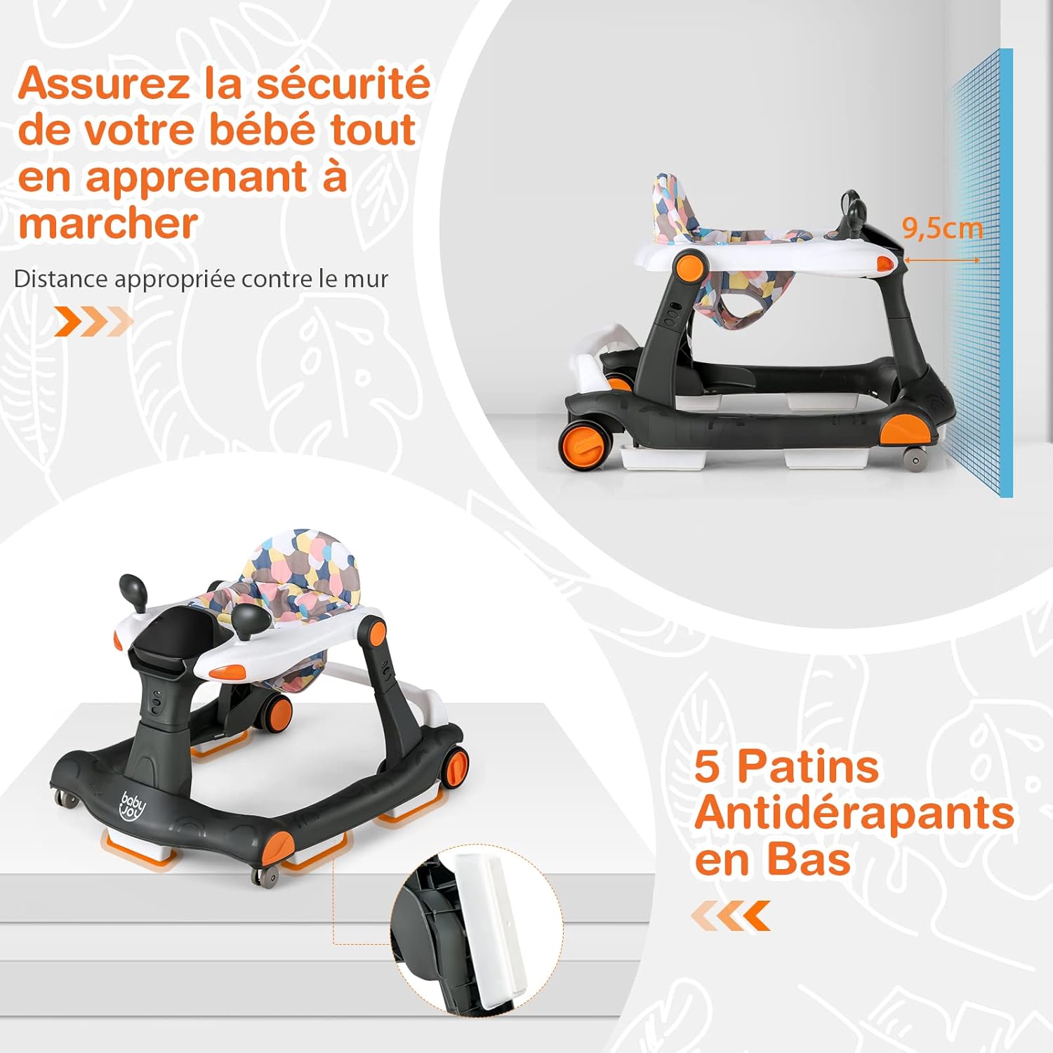 Trotteur Bébé 6-18 Mois, Trotteur Marche Bébé Evolutif 2 en 1, Pousseur Pliable avec Lumière et Musique, Hauteur Réglable en 3 Positions(Noir) - 4