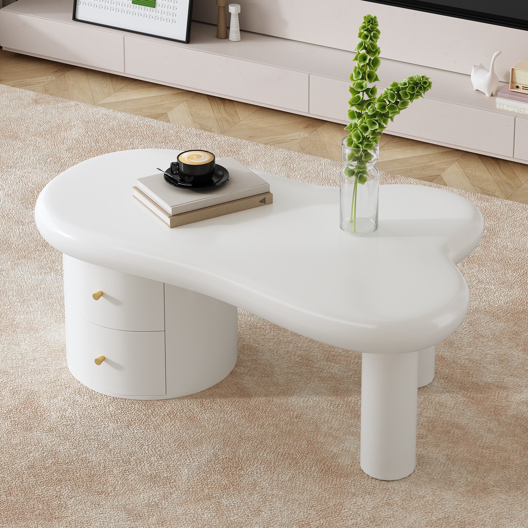 Table basse blanche moderne de forme irrégulière, 2 tiroirs, élégante, stable, pour le salon et usage polyvalent - 4